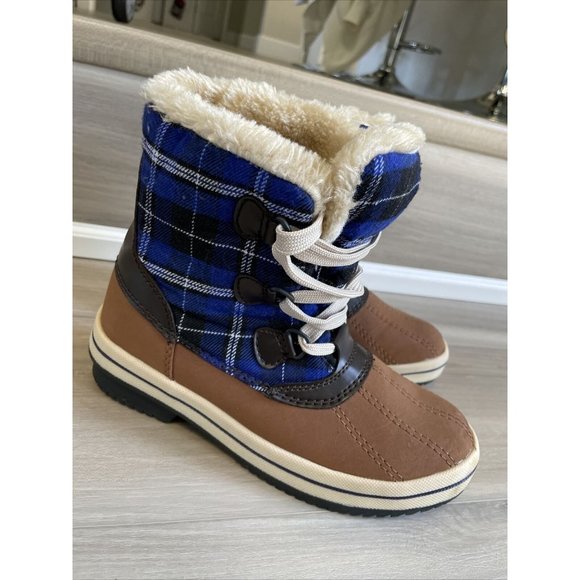 Merona‎ Women's Short Winter Boots Tan And Blue Plaid Duck Boot Fleece Size 7 - Picture 1 of 10